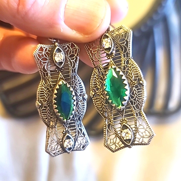 Emerald & CZ Silver Filigree Edwardian Reproduction Earrings - Picture 2 of 11